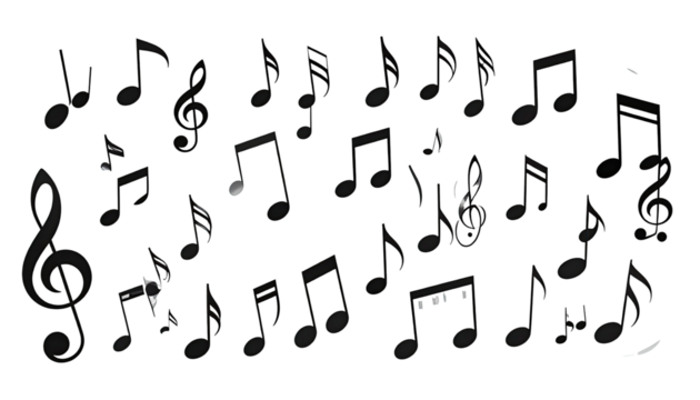 A black background is filled with musical notes and symbols