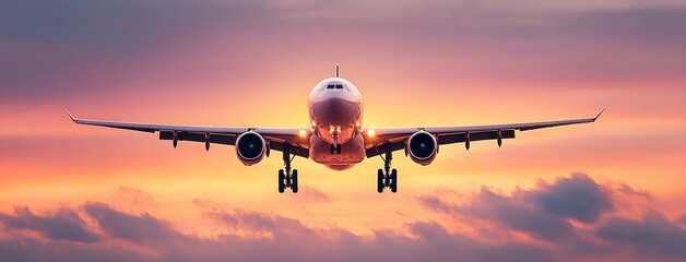 Airplane approaching, landing gear down, set against a colorful sunset sky with clouds. Dramatic, peaceful