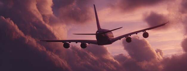 Silhouetted airplane soars through colorful, textured clouds in the dawn or dusk sky, captured from a rear view perspective