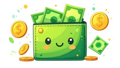 Cute green wallet filled with money and coins