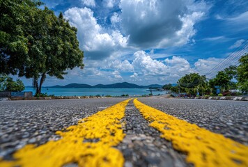 Low-angle asphalt road ascends toward a bay of calm waters, flanked by greenery under a bright, cloudy blue sky