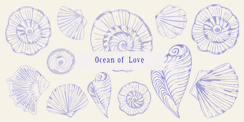 Delicate hand drawn purple seashell illustrations with ocean of love text on cream background