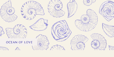 Delicate hand drawn nautilus shells and seashells pattern in soft lavender hues on a cream background