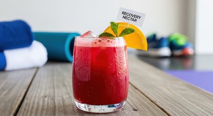 Refreshing recovery nectar drink with orange slice and mint on wooden table