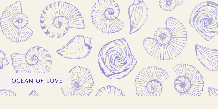 Delicate hand drawn nautilus shells and seashells pattern in soft lavender hues on a cream background