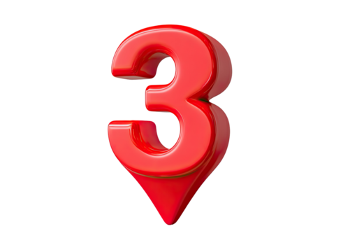 A glossy, red 3D number "3" with a red pin-point style