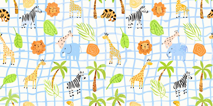Cute cartoon safari animals and tropical leaves on a blue and white checkered background pattern