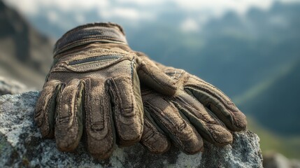 Weathered leather gloves resting on a rock against a breathtaking mountain landscape under a cloudy sky