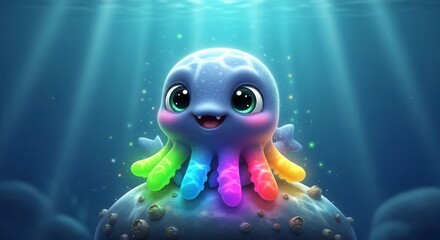 Cute cartoon baby kraken with colorful glowing tentacles, perched happily on a rock under magical blue ocean light