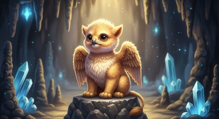 Cute griffin hatchling with fluffy golden feathers and tiny lion body, perched on a rocky pedestal, fantasy cave background