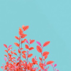 Vibrant red-orange leaves rise up from below against a bright aqua background, suggesting new growth and a surreal, dreamy atmosphere