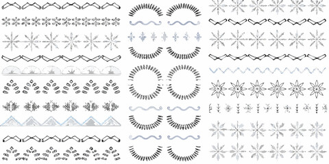 Collection of hand drawn winter themed decorative borders and elements including snowflakes and abstract patterns