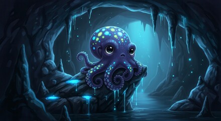 Cute octopus-like kraken baby with bioluminescent spots, perched on a rock in a dark enchanted sea cave