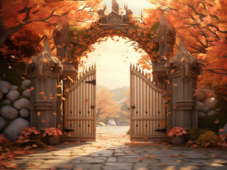 Elegant Wooden Gate Entrance with Falling Autumn Leaves
