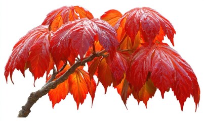 Bright red maple leaves cluster on a branch, showcased against a stark white background, creating a vibrant and striking image
