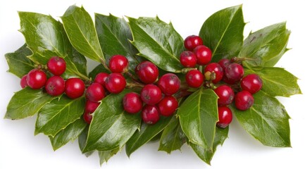 Sprig of glossy holly leaves and red berries arranged on a white backdrop, casting a soft shadow