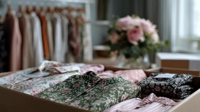 Intimate medium shot of a neatly arranged subscription box showcasing springthemed outfits the floral and pastel fabrics in sharp focus contrasting with the softly blurred room
