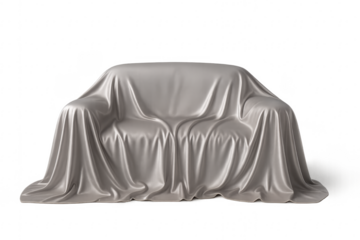 Sofa covered with gray sheet on transparent background