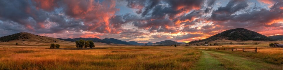 Panorama of an expansive field under a vibrant, colorful sunset with rolling hills and a rustic path leading into the distance
