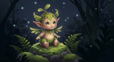 Fantasy artwork of a baby forest elemental glowing softly, perched on a mossy rock under moonlight