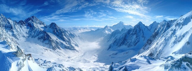 A panoramic view of snow-capped mountains under a bright blue sky with wispy clouds, showcasing a vast, serene alpine landscape