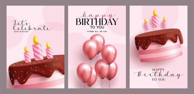 Happy Birthday pink greeting card clipart poster set. Happy Birthday greeting clip art with cake and bunch of balloons decoration elements in pink abstract background invitation card template vector 