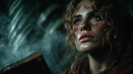 Wounded Sorceress Holding Grimoire in Ancient Forest