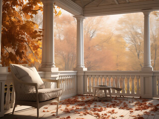 Classic Villa Porch Framed by Falling Leaves