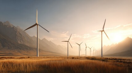 Wind Turbines Shining in Morning Light Amidst Majestic Mountain Landscape in Remote Area