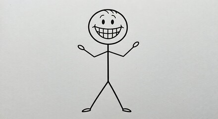 Joyful minimalistic stick figure celebrating with wide grin and open arms