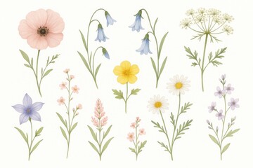 Delicate wildflower collection with individual botanical specimens isolated on pristine white background