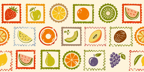 Whimsical hand drawn fruit stamps seamless pattern with strawberry apple orange kiwi watermelon lemon pear plum grapes