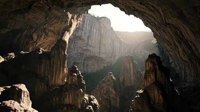 Breathtaking Cave Entrance with Majestic Rock Formations and Light