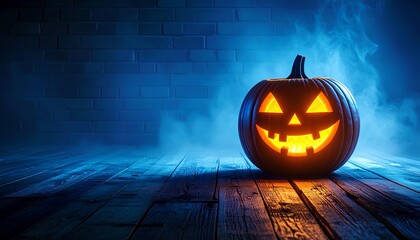 halloween pumpkin on a wooden background with smokes and copy space image