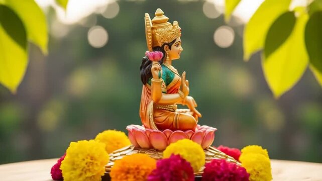 Statue of goddess lakshmi sitting on golden coins and holding pot of gold symbolizing wealth and prosperity