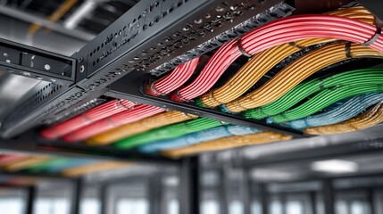 Fototapeta premium Zoomed-in shot of structured cabling sleeve carrying organized CAT6 lines toward ceiling-mounted router, showcasing high-performance wired internet system in tech-optimized setting