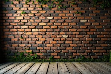 Rustic Brick Wall Background with Weathered Wooden Floor and Verdant Overgrowth