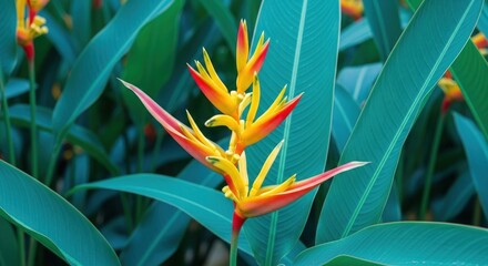 Close up of a vibrant heliconia flower with lush green leaves in a tropical garden setting