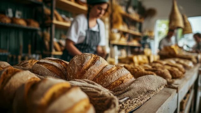 Focused medium shot of a vendor restocking freshly baked bread on a consignment shelf with customers and store interior gently blurred in the background.