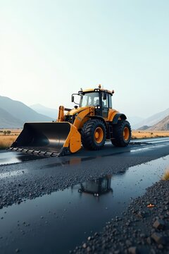Powerful yellow tractor with a large bucket, traversing a freshly paved road reflecting in a puddle.