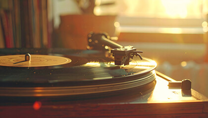 Obraz premium Vinyl Symphony: An evocative close-up showcases the analog charm of a vintage record player, bathed in the warm glow of the sun, spinning a classic vinyl record.