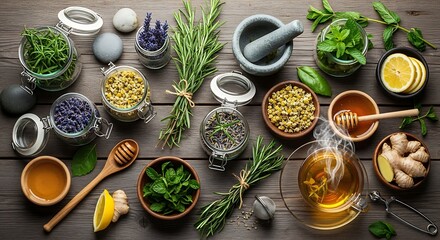 Fototapeta premium Holistic Wellness Display with Herbs, Teas, and Natural Remedies