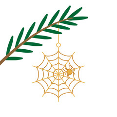 Ukrainian spider web decoration illustration, a shiny web on a Christmas tree, inspired by Eastern European holiday folklore, perfect for festive and cultural design projects.