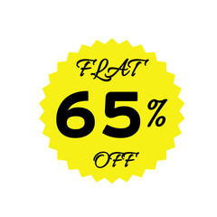 Yellow sale tag with 65 percent discount offer badge on black background, promotional marketing label, special price sticker, clearance sale banner, discount shopping sign, retail store promotion	