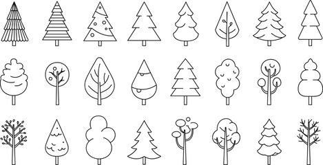 Tree outline vector collection, minimal forest illustration, simple nature line drawing, botanical graphic set, eco-friendly design element, outdoor landscape icon