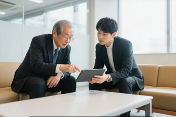 若手社員にタブレットで確認するベテラン社員