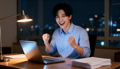 Fototapeta premium 夜のオフィスでガッツポーズをする若い男性