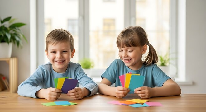 Children Playing with Colorful Cards.