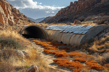 Solar panels lining tunnel walls, absorbing sunlight.
