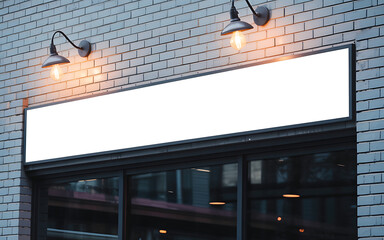 Blank illuminated store sign on brick wall exterior with vintage lamps above business storefront illustration